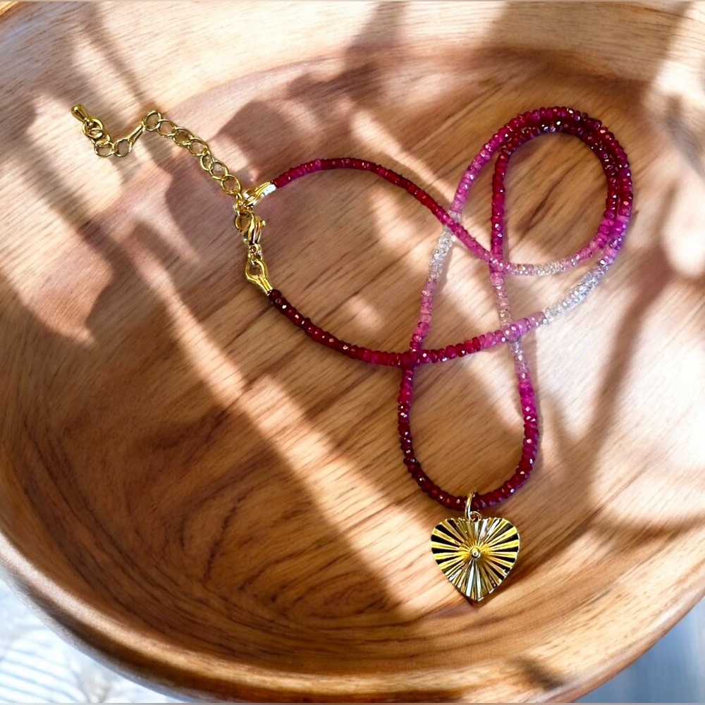 Gradient authentic Ruby gemstones, gold heart charm & GF lobster clasp OOAK